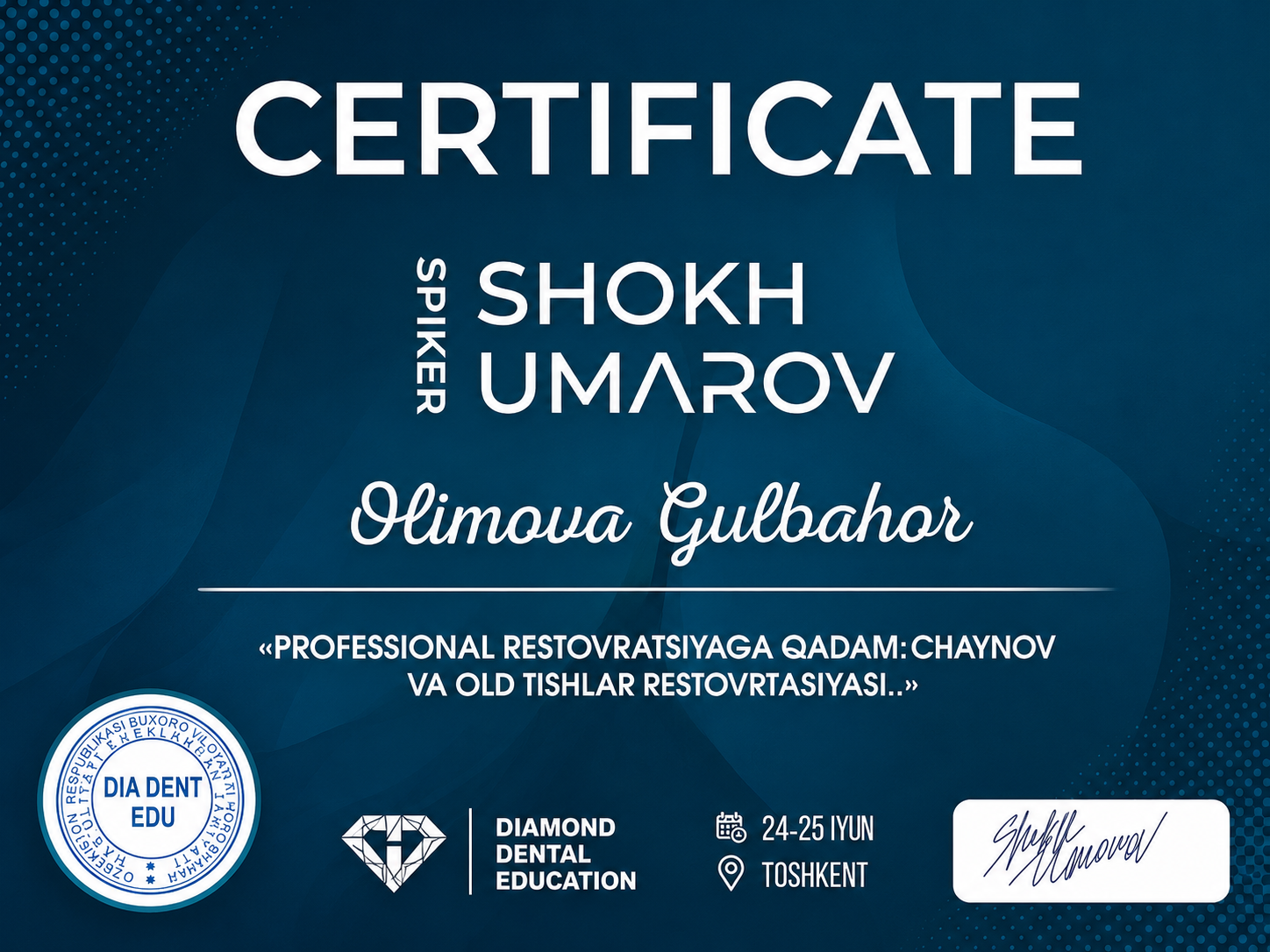 Dr. Gulbahor Olimovaning professional restavratsiya kursi sertifikati