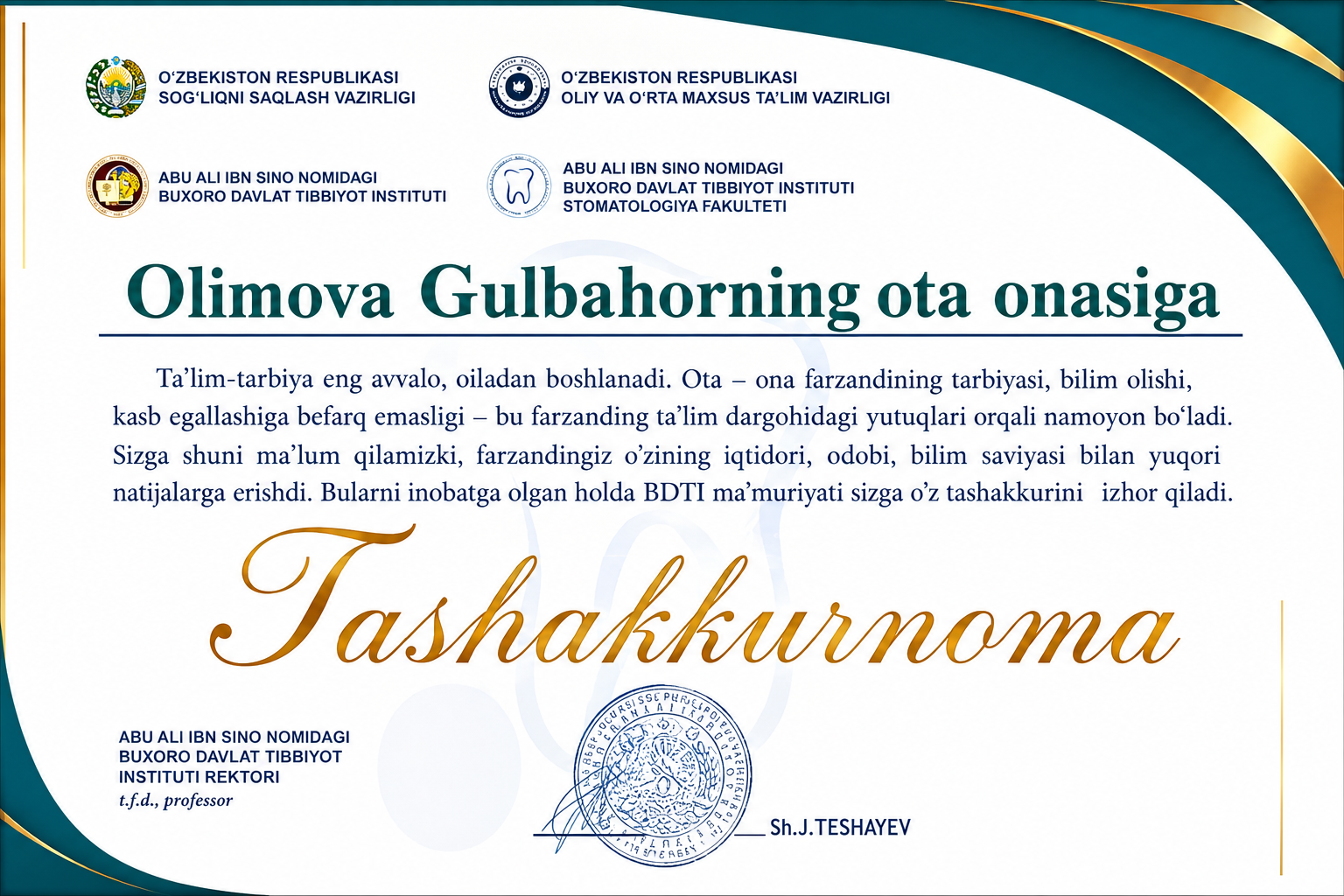 Dr. Gulbahor Olimovaning taqdirlanganlik tashakkurnomasi