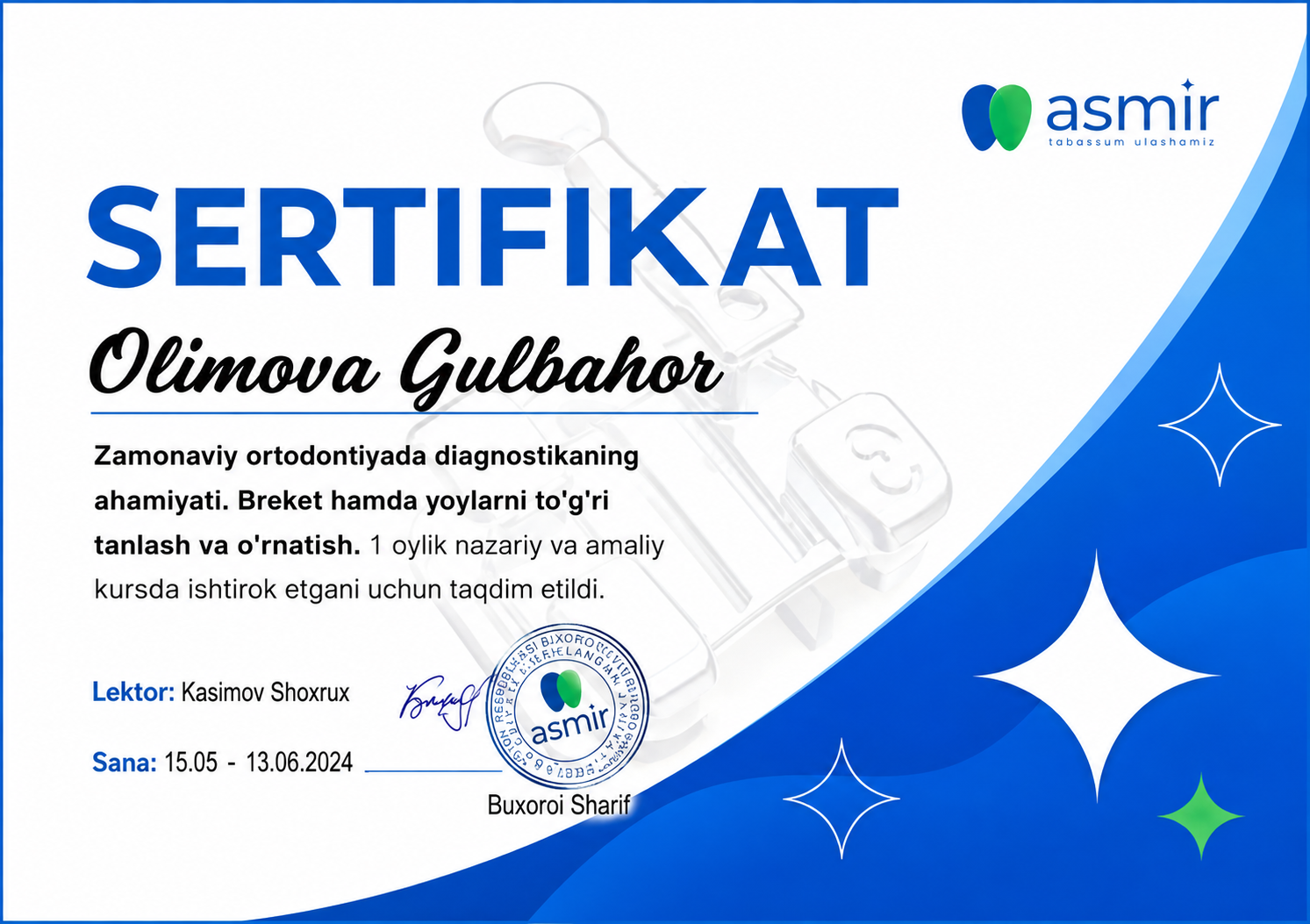 Dr. Gulbahor Olimovaning zamonaviy ortodontiya diagnostikasi sertifikati